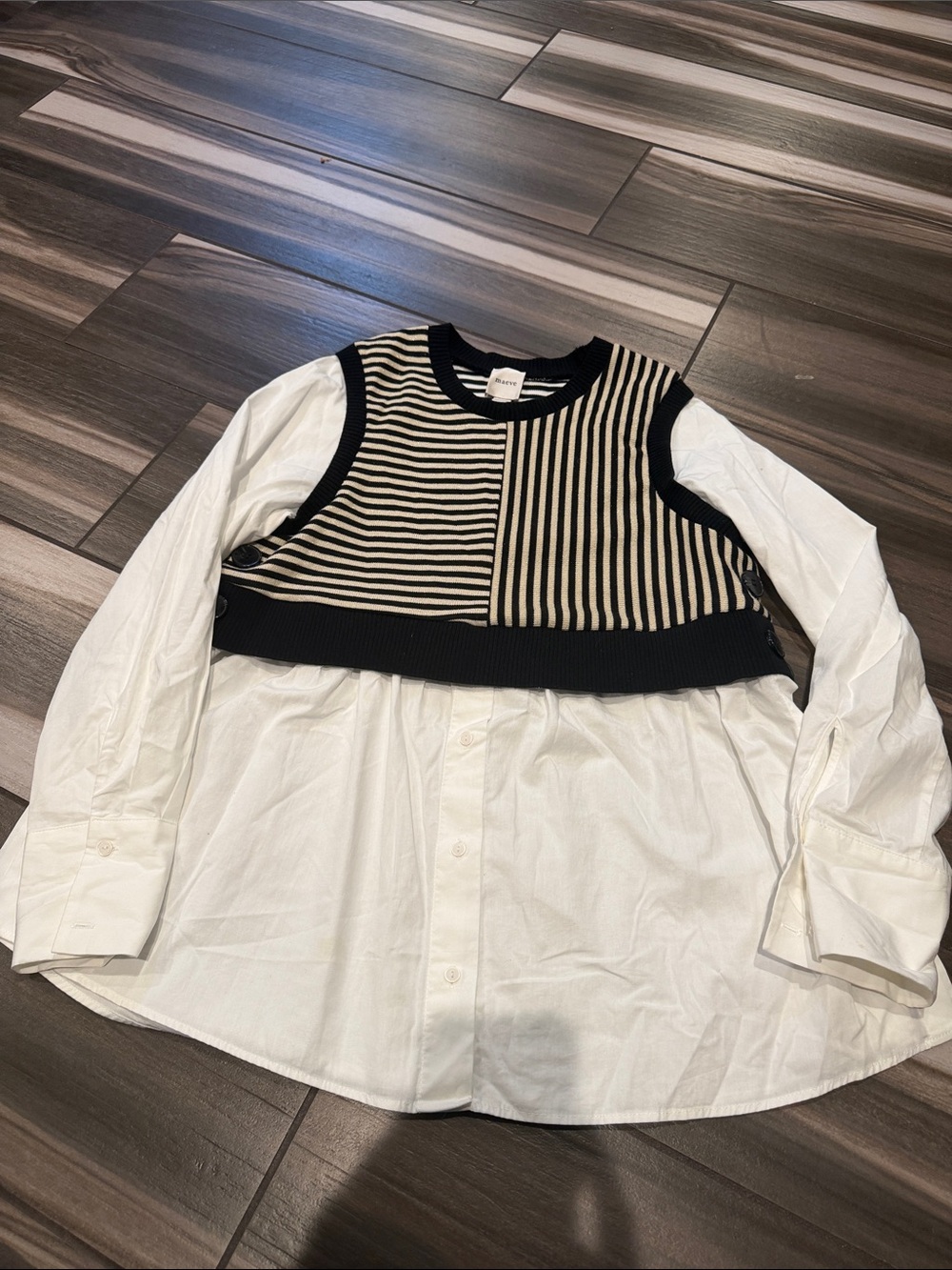 Maeve Black & Cream Striped Layered-Look Shirt